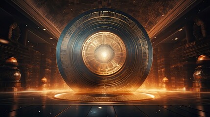 Ancient black and gold gong in a golden palace, meditation visual