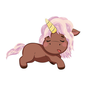 Kresk&oacute;wkowy uroczy jednorożec w stylu kawaii. Śpiący mały kucyk. Ilustracja wektorowa na białym tle.
