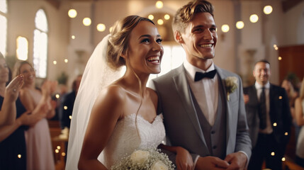 Happy bride at wedding ceremony and people sprinkling flower petals