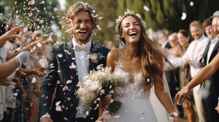 Happy bride at wedding ceremony and people sprinkling flower petals