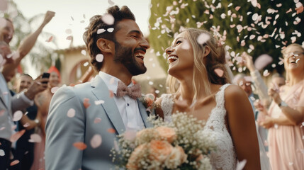 Happy bride at wedding ceremony and people sprinkling flower petals - obrazy, fototapety, plakaty