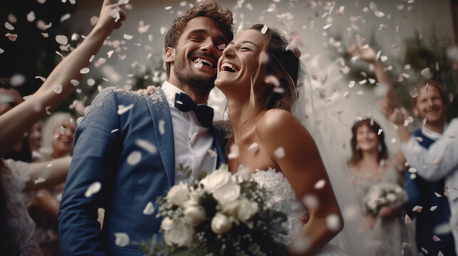 Happy bride at wedding ceremony and people sprinkling flower petals