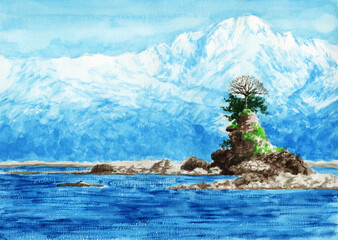 アナログ水彩風景画雨晴海岸