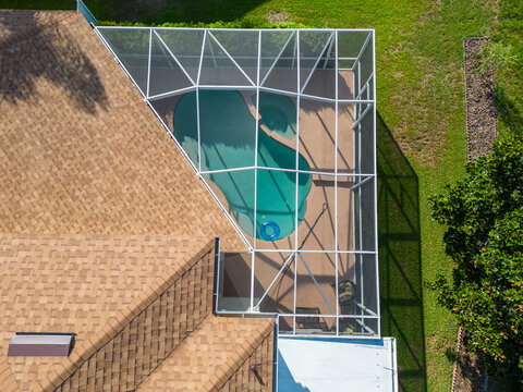 Drone Shot of Screened Pool and Patio in Florida Home