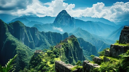 The famous Machu Picchu in Peru, ancient Inca ruins perched high in the Andes, surrounded by green peaks and wispy clouds.