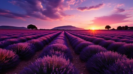 A tranquil ProvenÃ§al lavender field in France, with rows of vibrant purple under a bright blue sky.