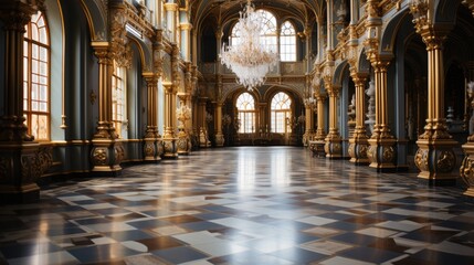 A grand ballroom in an old castle, with crystal chandeliers, gold filigree work, and a checkerboard marble floor.