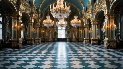 A grand ballroom in an old castle, with crystal chandeliers, gold filigree work, and a checkerboard marble floor. - obrazy, fototapety, plakaty