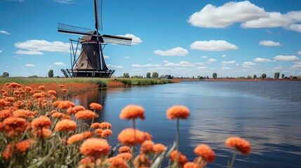 A typical Dutch countryside with iconic windmills, tulip fields in full bloom, and clear canals reflecting the blue sky. - obrazy, fototapety, plakaty
