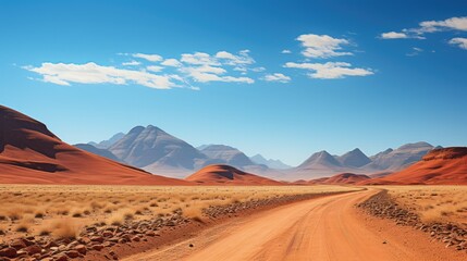 Fototapeta na wymiar The vast expanse of the Namib Desert in Namibia, with towering red dunes under a clear azure sky.