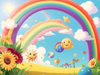 Fototapeta na wymiar Summer vibes concept. cartoon beautiful rainbow showing summertime and a sky background. 