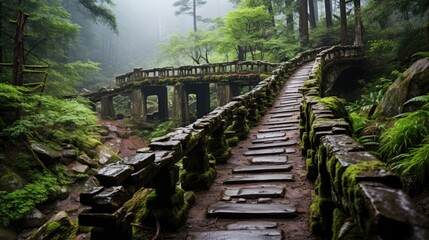 A rugged mountain trail, winding through tall pines and over a moss-covered stone bridge, disappearing into the misty distance.