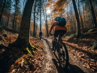  biker riding on bike in autumn forest landscape