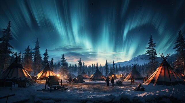 A traditional Sami village in Lapland, with reindeer, snow-covered lavvu tents, and a colorful sky lit by the Northern Lights.
