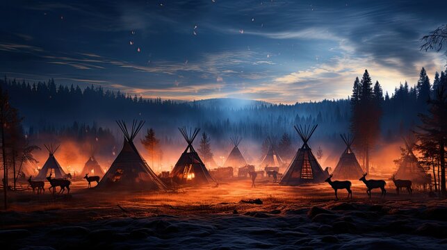 A traditional Sami village in Lapland, with reindeer, snow-covered lavvu tents, and a colorful sky lit by the Northern Lights.