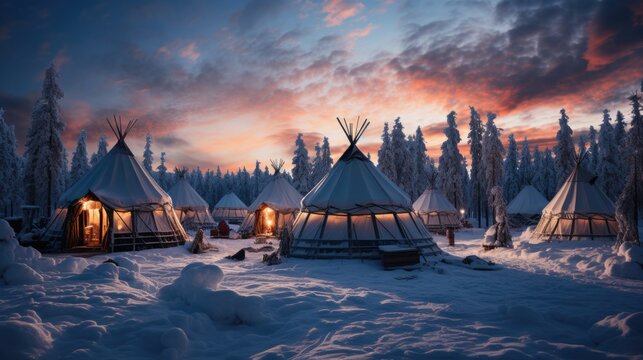 A traditional Sami village in Lapland, with reindeer, snow-covered lavvu tents, and a colorful sky lit by the Northern Lights.