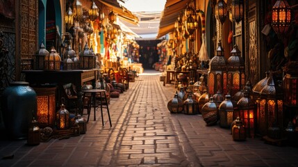 Fototapeta na wymiar A bustling Moroccan bazaar, filled with vibrant colors from rugs, ceramics, and lanterns, nestled within an ancient medina.
