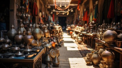 A bustling Moroccan bazaar, filled with vibrant colors from rugs, ceramics, and lanterns, nestled within an ancient medina.