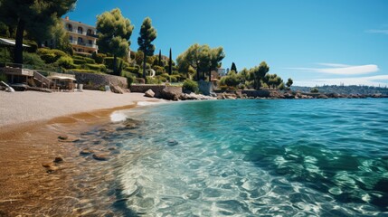 The French Riviera on a sunny day, with sparkling turquoise waters, sandy beaches, and palm-lined boulevards.