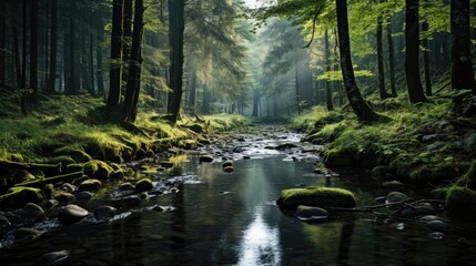 An enchanting forest in Germany's Black Forest region, dense with evergreens and veiled in a light mist.