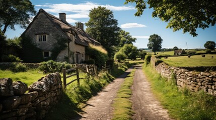 The picturesque English Cotswolds with honey-colored stone cottages, lush green fields, and bright blue skies.