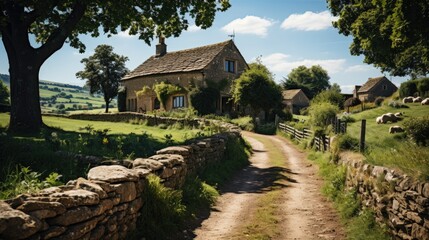 Fototapeta na wymiar The picturesque English Cotswolds with honey-colored stone cottages, lush green fields, and bright blue skies.