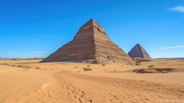 A panoramic view of the Giza pyramid complex in Egypt, with the Sphinx and a clear blue sky.