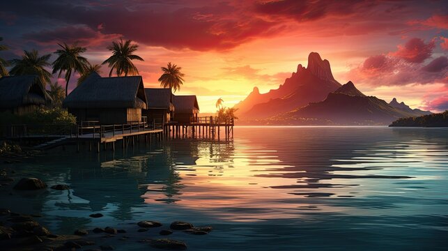 A sunset scene in Bora Bora, with overwater bungalows, a tranquil lagoon, and Mount Otemanu silhouetted against the sky.