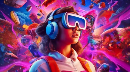 A girl wearing VR headset user, surreal world and virtual reality, AI artificial intelligence man wearing VR glasses virtual global world internet connection and new experience in the future metaverse