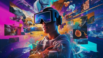 A man wearing VR headset user, surreal world and virtual reality, AI artificial intelligence man wearing VR glasses virtual global world internet connection and new experience in the future metaverse