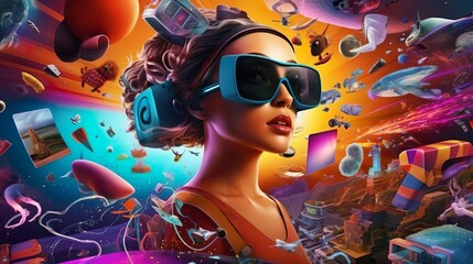 A girl wearing VR headset user, surreal world and virtual reality, AI artificial intelligence man wearing VR glasses virtual global world internet connection and new experience in the future metaverse