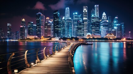 The vibrant cityscape of Singapore at night, skyscrapers illuminated in a symphony of colors reflecting in the Marina Bay.