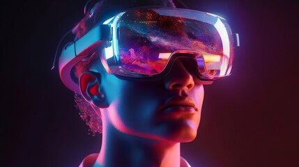A man wearing VR headset user, surreal world and virtual reality, AI artificial intelligence man wearing VR glasses virtual global world internet connection and new experience in the future metaverse