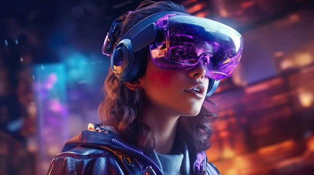 A Girl Wearing VR Headset User, Surreal World And Virtual Reality, AI Artificial Intelligence Man Wearing VR Glasses Virtual Global World Internet Connection And New Experience In The Future Metaverse