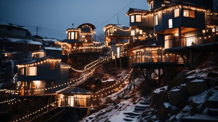 Fototapeta premium A traditional Inuit village in Greenland, with colorful houses nestled in the snow, under the vibrant display of Aurora Borealis.