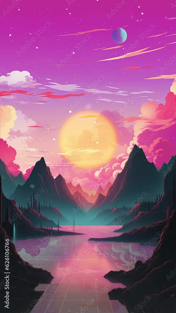 Wall mural an animated retrowave video of a sun setting behind mountains, pink clouds, and a water. created wit