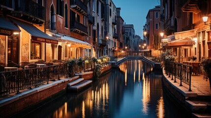 Fototapeta na wymiar The romantic cityscape of Venice at dusk, with gondolas floating on the Grand Canal under the Rialto Bridge.