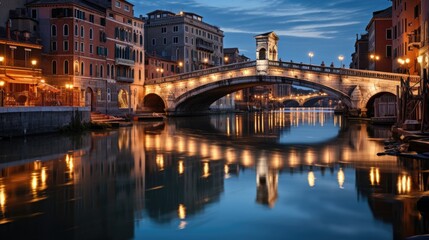 The romantic cityscape of Venice at dusk, with gondolas floating on the Grand Canal under the Rialto Bridge.