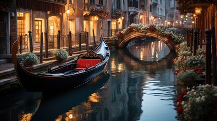 The romantic cityscape of Venice at dusk, with gondolas floating on the Grand Canal under the Rialto Bridge.