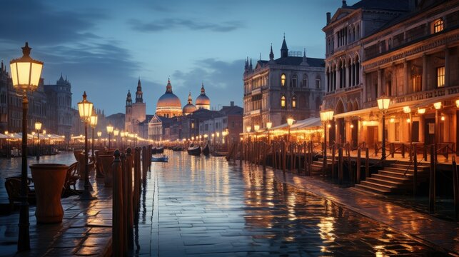 The romantic cityscape of Venice at dusk, with gondolas floating on the Grand Canal under the Rialto Bridge.