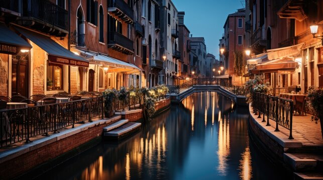 The romantic cityscape of Venice at dusk, with gondolas floating on the Grand Canal under the Rialto Bridge. © blueringmedia