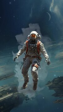 An animated vertical video of astronaut floating through space with a sci-fi background. Created with some elements made with generative AI.