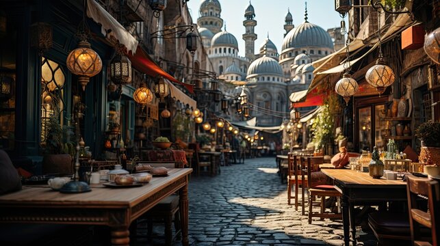 A bustling souk in Istanbul, filled with colorful spices, textiles, and lanterns, with Hagia Sophia in the backdrop.