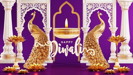 3D rendering for diwali festival Diwali, Deepavali or Dipavali the festival of lights india with gold diya on podium, patterned and crystals on color Background.