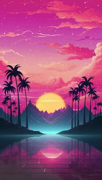 An animated retrowave style vertical video of the sun setting behind mountains with silhouetted palm trees. Created with some elements made with generative AI.