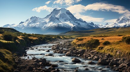 The wild, windswept landscape of the Chilean Patagonia, featuring vast plains, craggy mountains, and a rushing river.