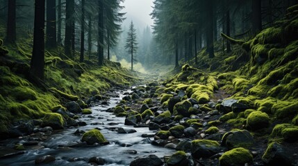 The dense, moss-draped forests of the Pacific Northwest, with a mountain stream coursing through and a hint of fog.