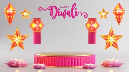 3D rendering podium for diwali festival, Deepavali or Diwali the festival of lights india with gold diya on podium, patterned and crystals on color Background.