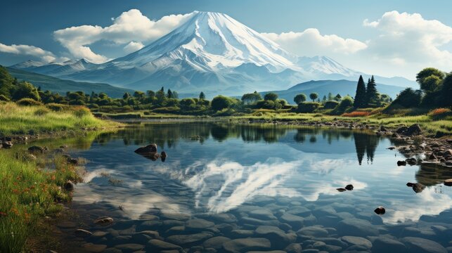 An atmospheric view of Mount Fuji in Japan, its snow-capped peak emerging from the clouds, mirrored in a tranquil lake.
