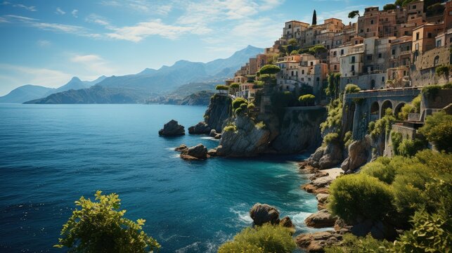 The serene Italian Amalfi Coast, with colorful cliffside villages overlooking the deep blue Mediterranean Sea.